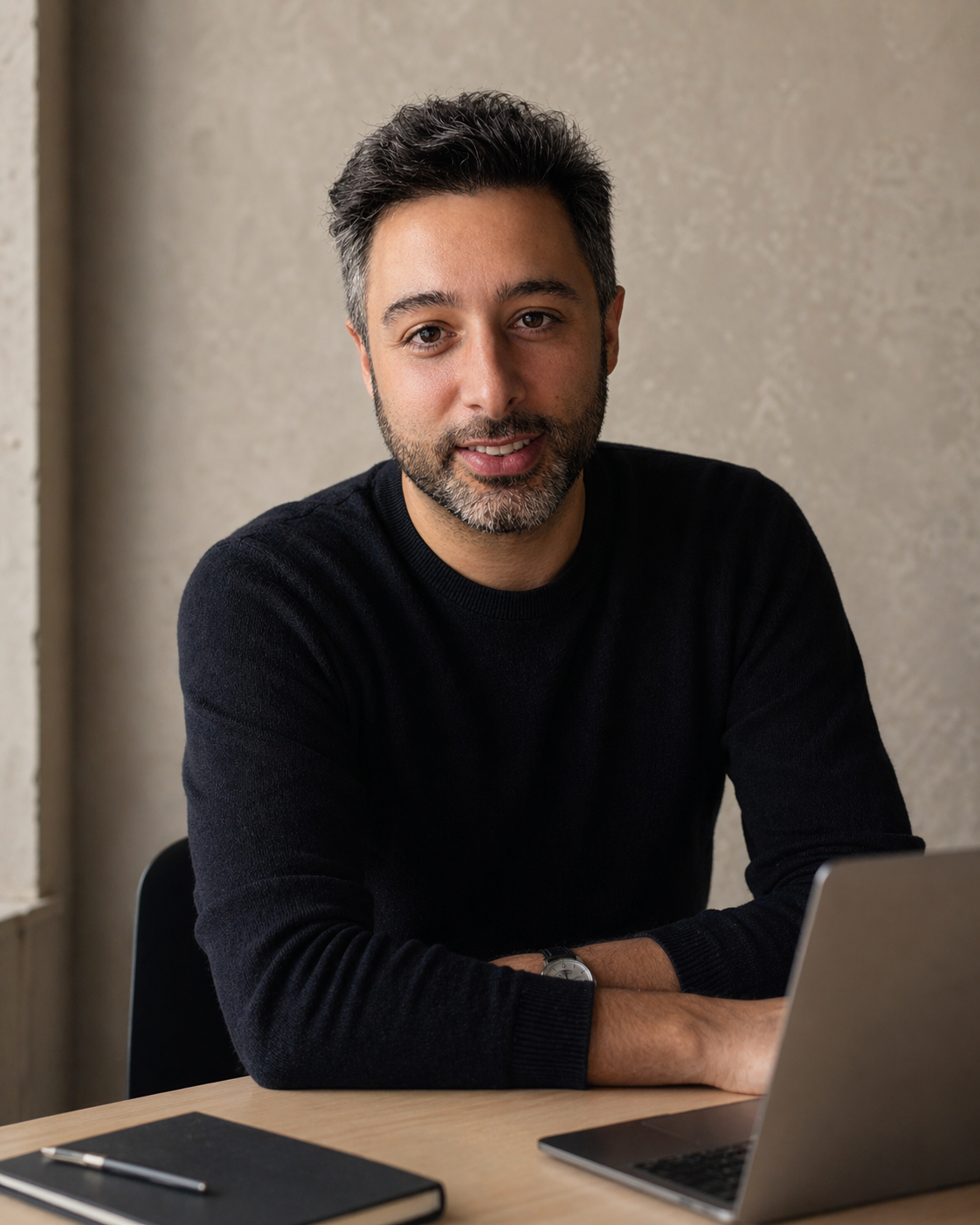 Fabian Cid seated at his desk, with a notebook and laptop
