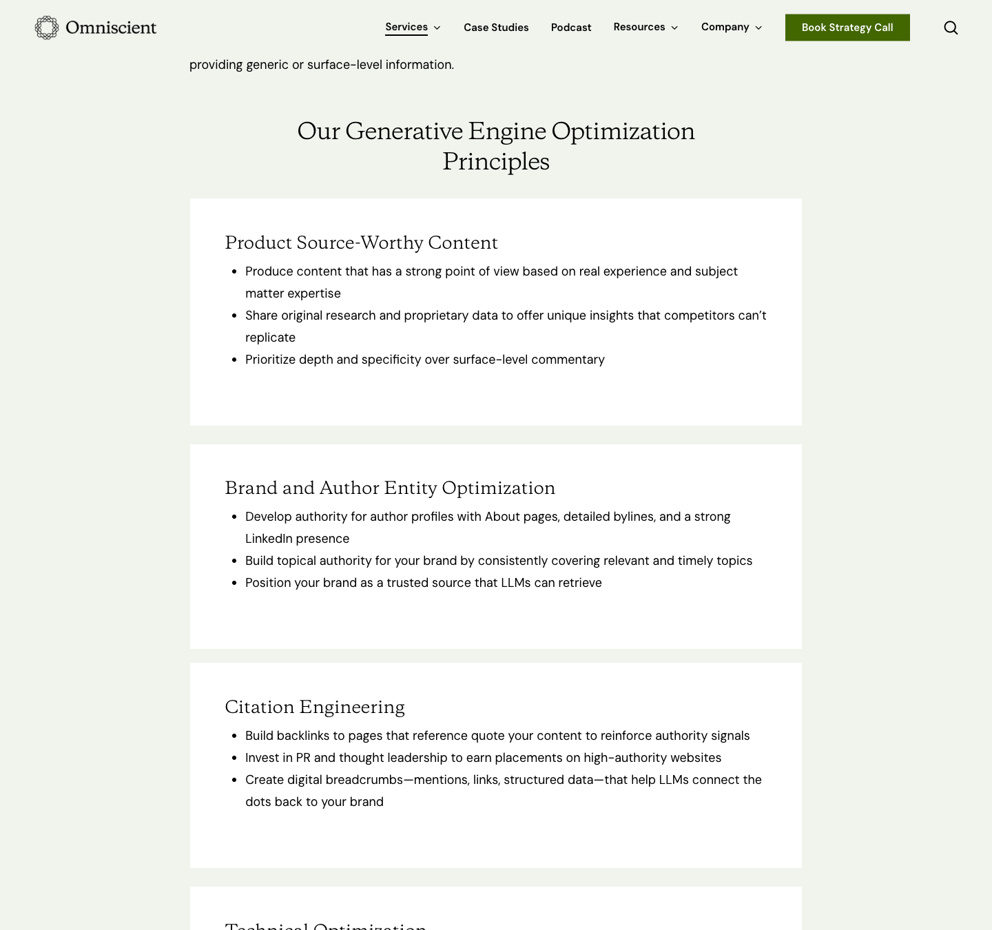 Omniscient Digital Generative Engine Optimization principles, including source-worthy content, entity optimization, and citation engineering.