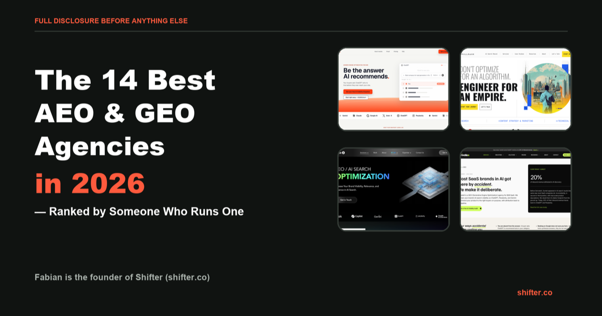 Cover for Shifter's ranking of the 14 best AEO and GEO agencies in 2026.