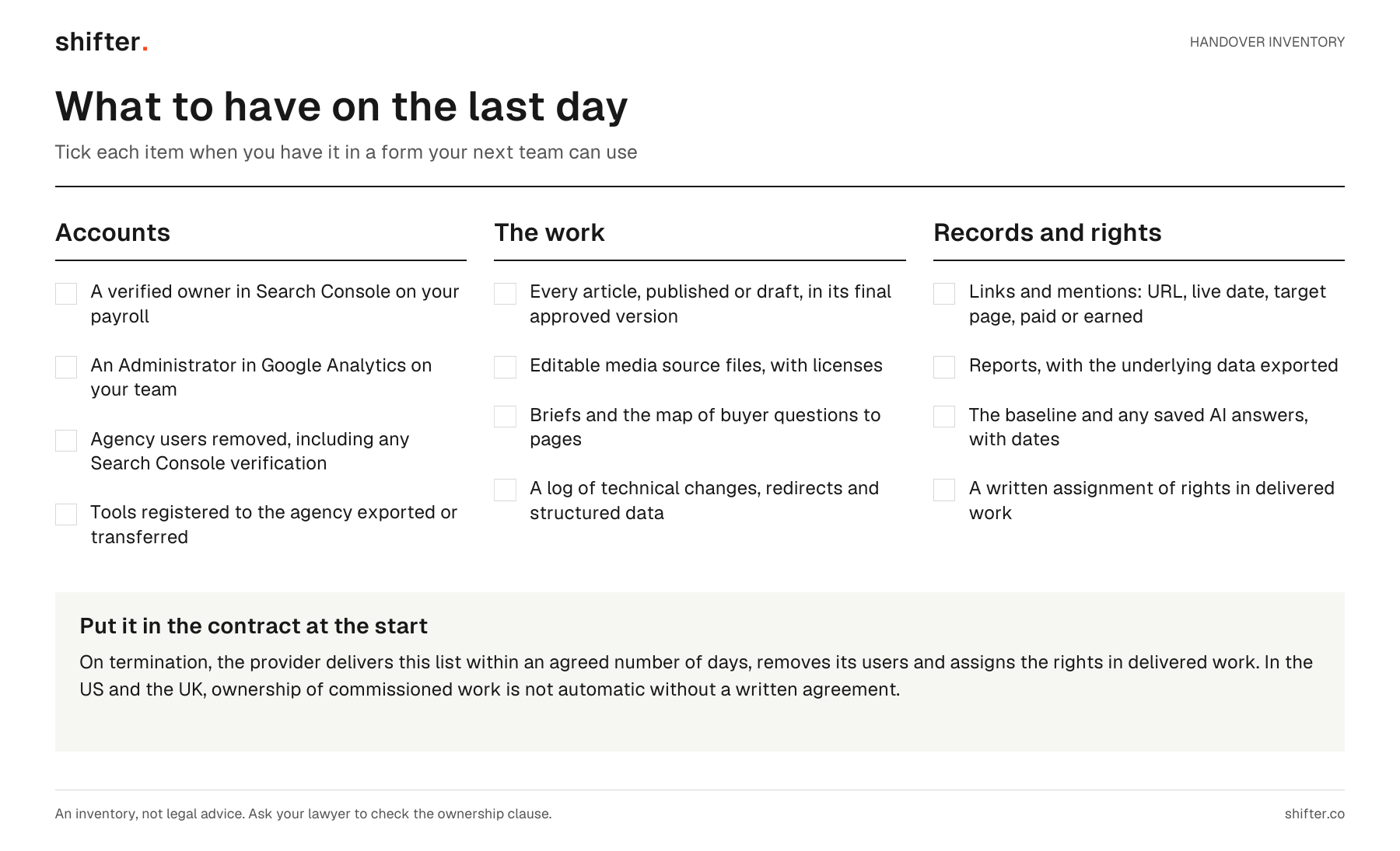 Three-column handover checklist covering accounts, the work and records and rights, with blank tick boxes and a note on putting the handover in the contract.