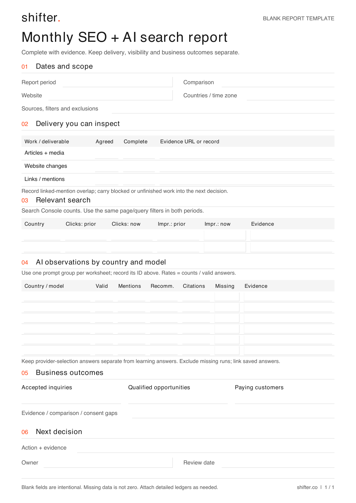 Blank monthly SEO and AI search report worksheet with fields for delivery, search, AI observations, business outcomes and the next decision.