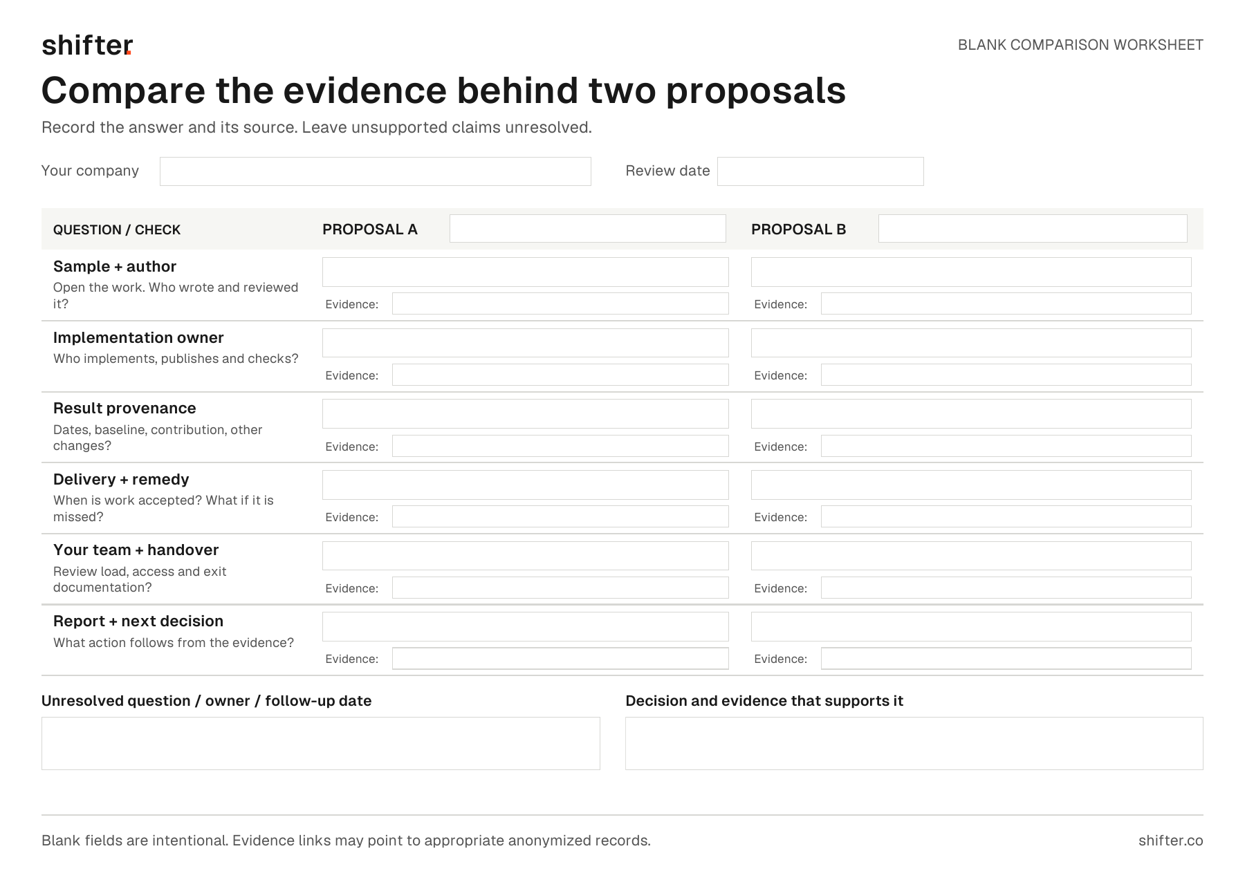 Blank proposal comparison worksheet with six evidence checks, side-by-side proposal fields, evidence links and a final decision area.